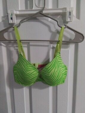 Vintage Pink Victorias Secret Neon Green Zebra Print Push Up Bra